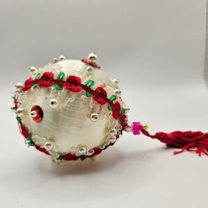 Handmade Vintage Christmas Ornament Cream Fabric Tassel Red Green Floral